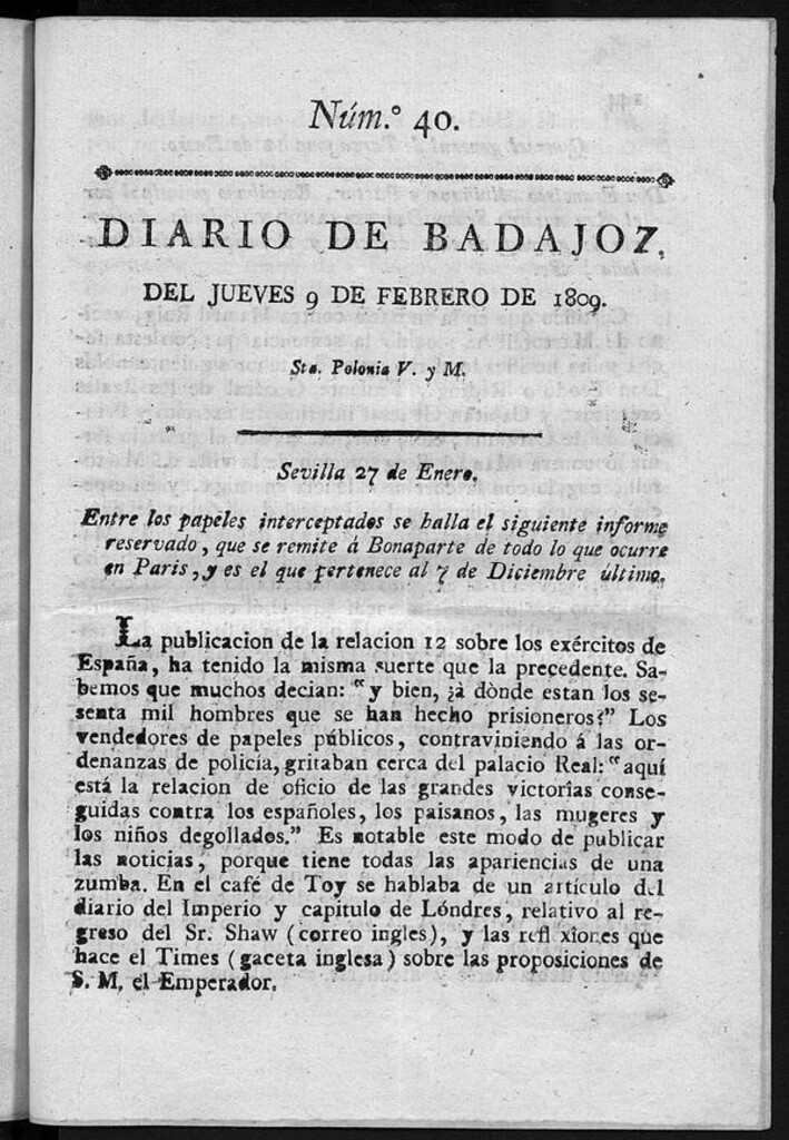 Miniatura de Diario de Badajoz del jueves 9 de Febrero de 1809