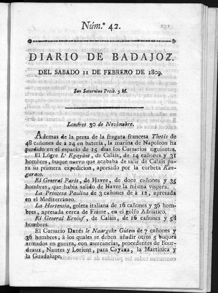 Miniatura de Diario de Badajoz del sábado 11 de Febrero de 1809