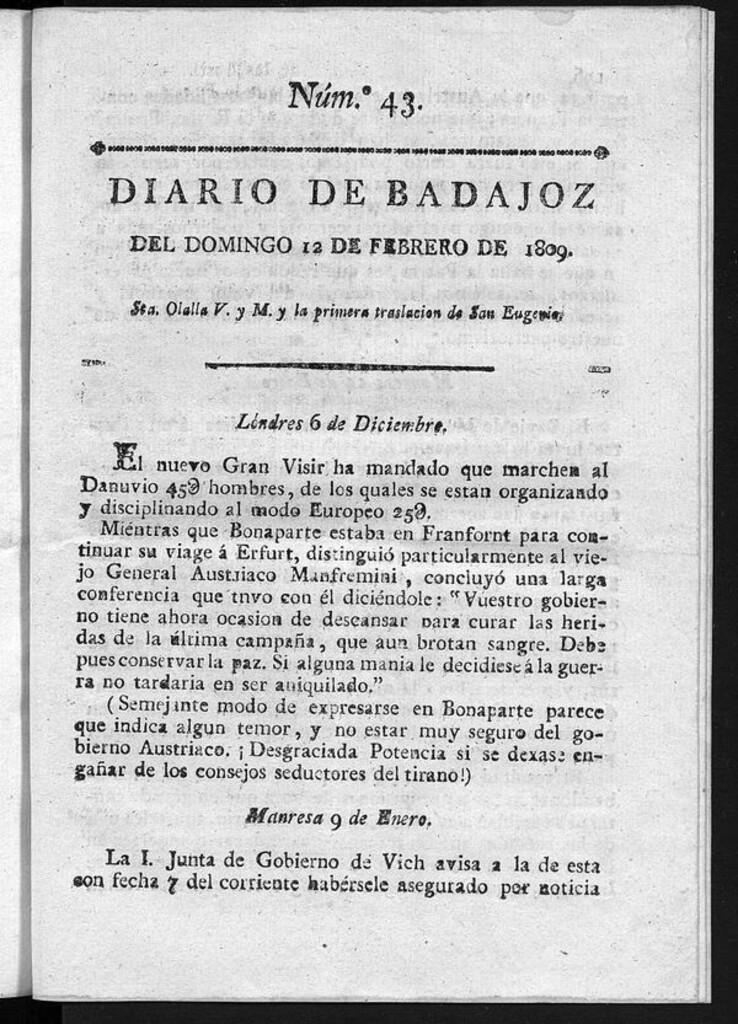 Miniatura de Diario de Badajoz del domingo 12 de Febrero de 1809
