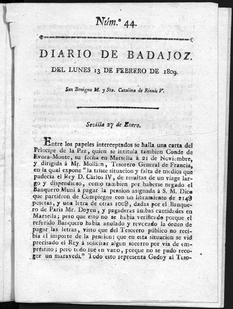 Miniatura de Diario de Badajoz del lunes 13 de Febrero de 1809