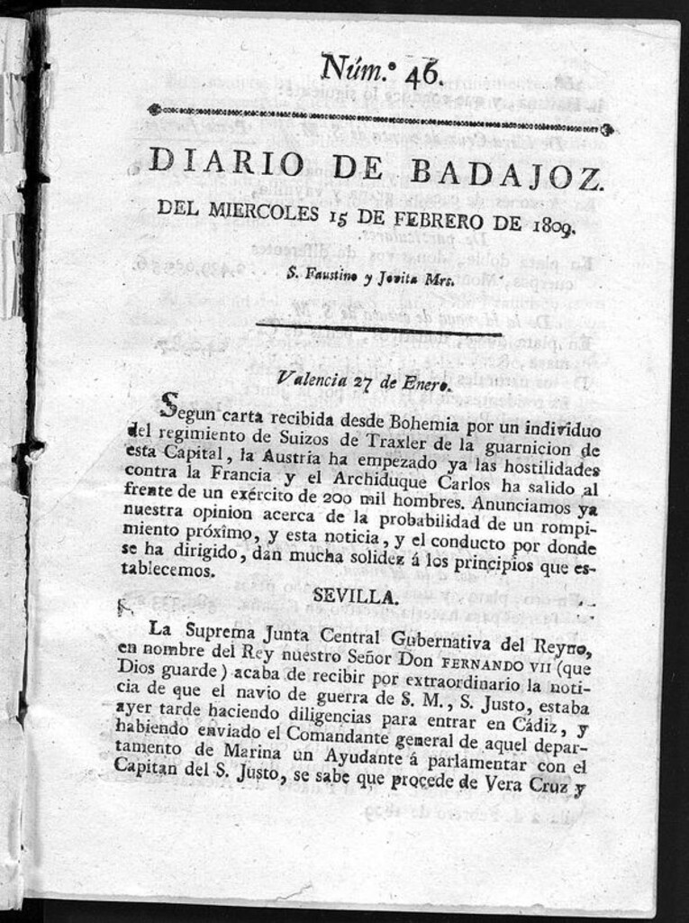 Miniatura de Diario de Badajoz del miércoles 15 de Febrero de 1809