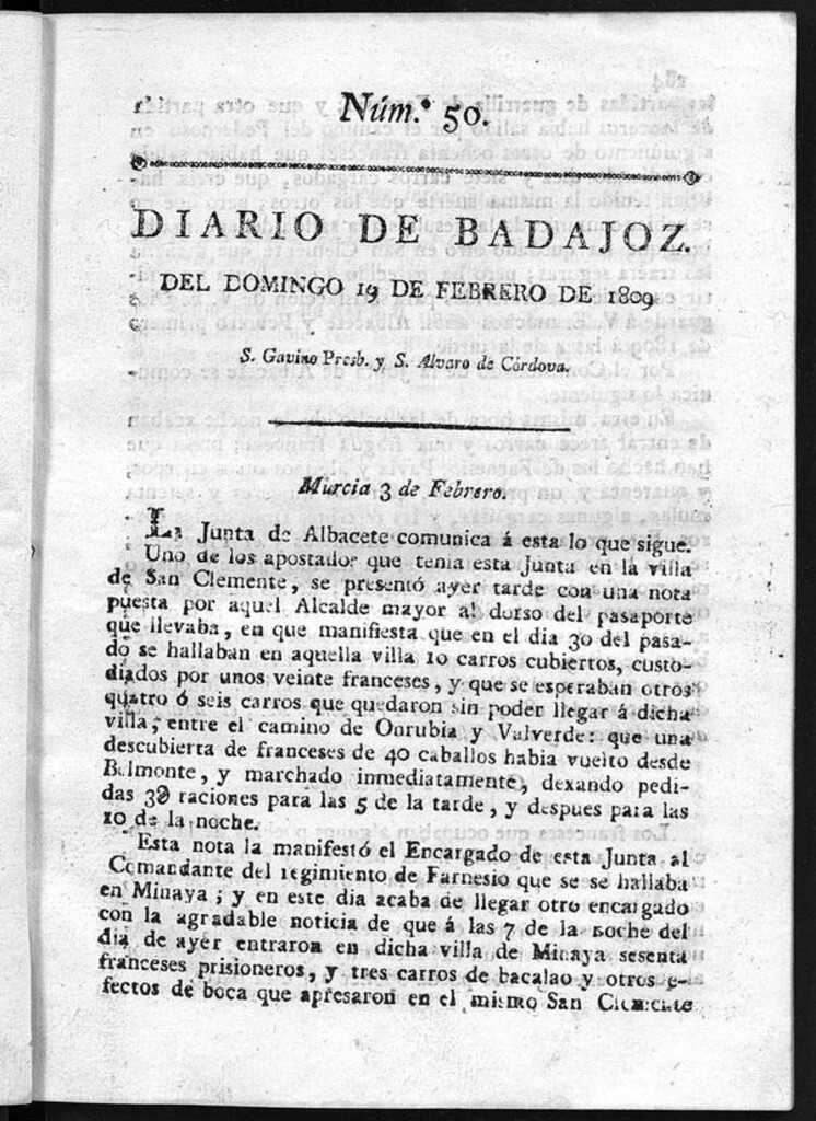 Miniatura de Diario de Badajoz del domingo 19 de Febrero de 1809