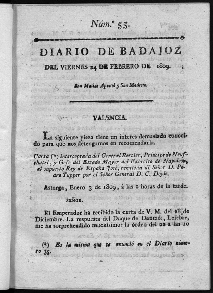 Miniatura de Diario de Badajoz del viernes 24 de Febrero de 1809