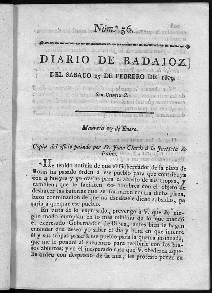 Miniatura de Diario de Badajoz del sábado 25 de Febrero de 1809