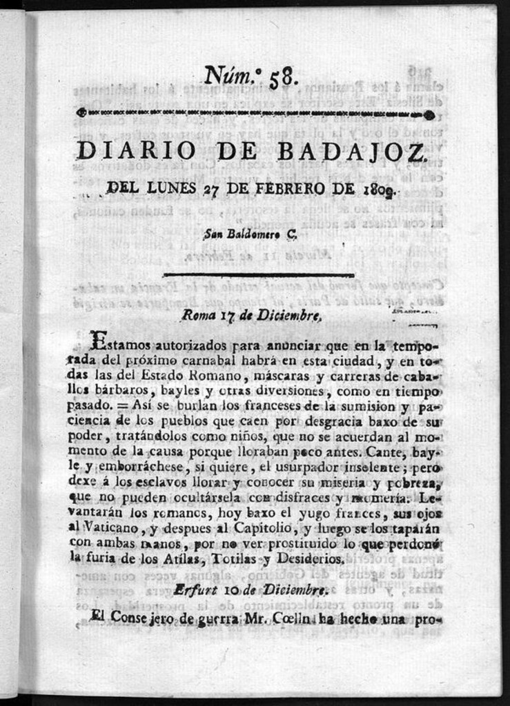 Miniatura de Diario de Badajoz del lunes 27 de Febrero de 1809