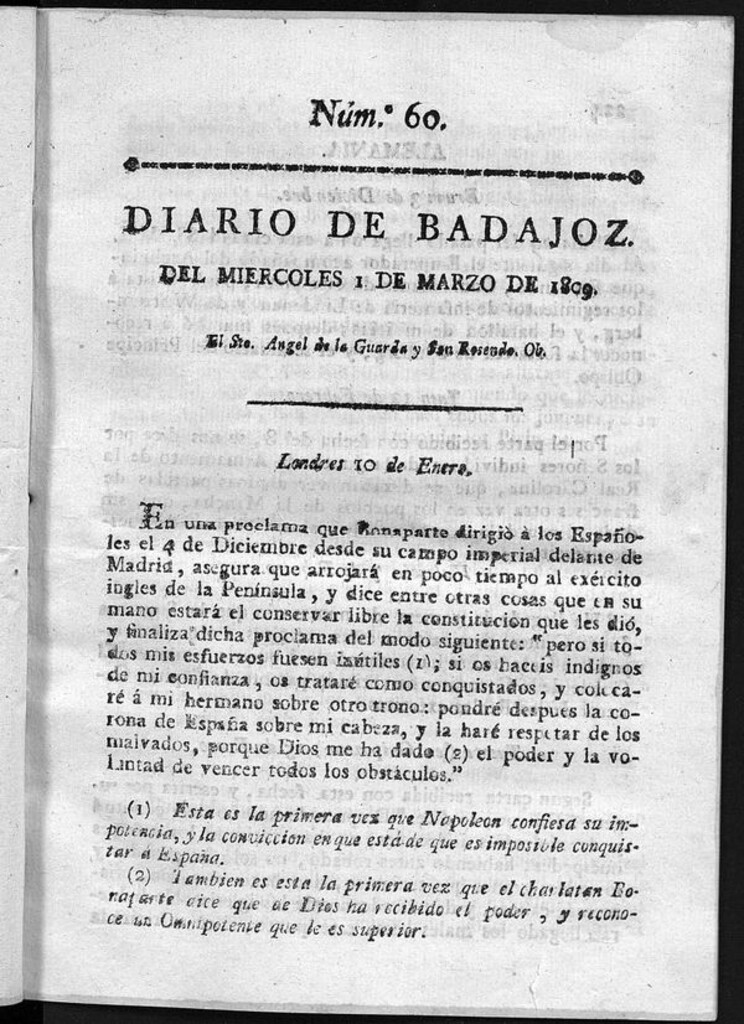 Miniatura de Diario de Badajoz del miércoles 1 de Marzo de 1809