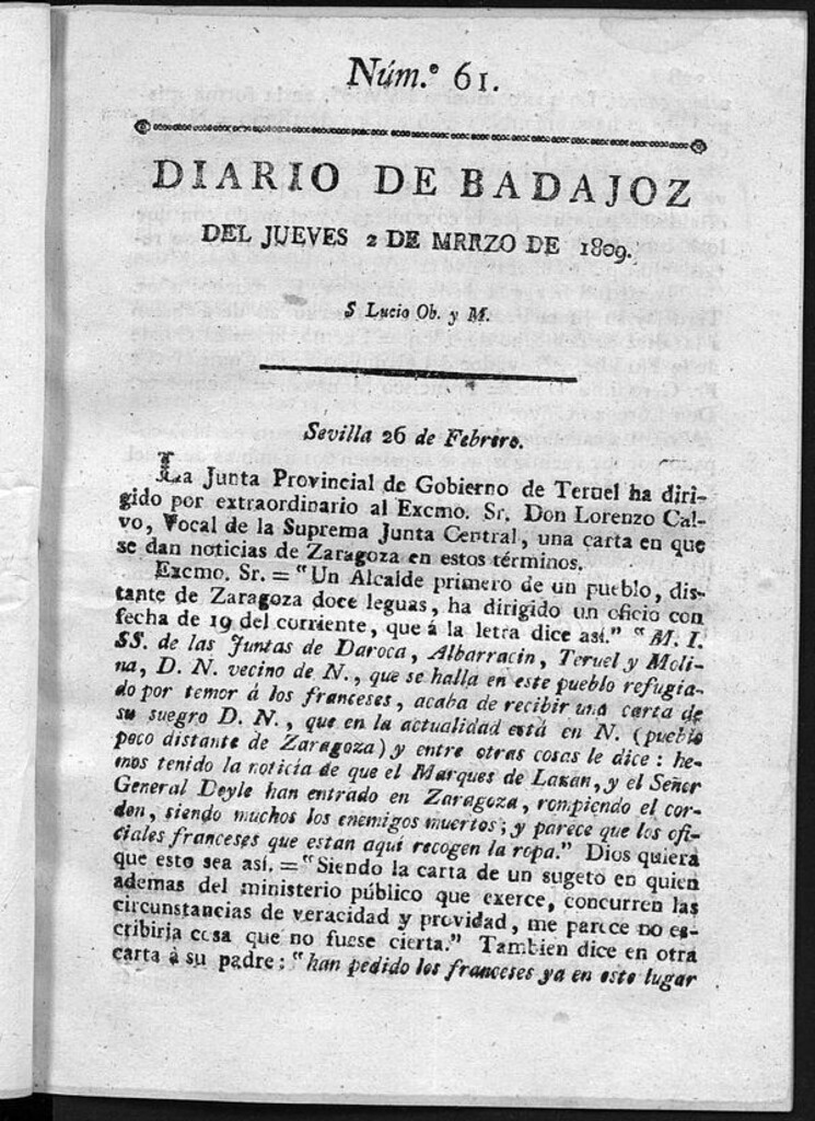 Miniatura de Diario de Badajoz del jueves 2 de Marzo de 1809