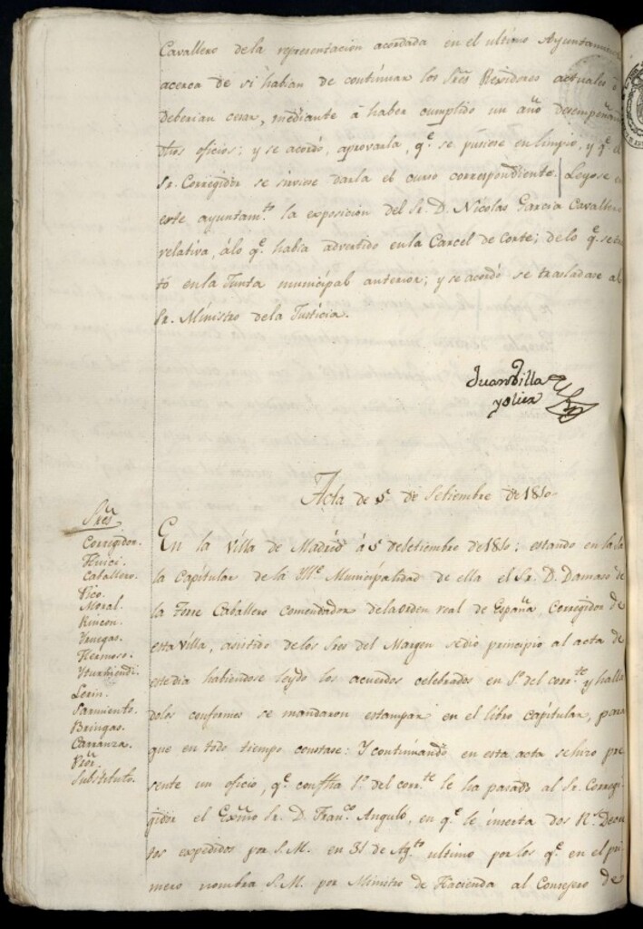 Miniatura de Libro de Acuerdos del Ayuntamiento de Madrid del 5 de septiembre de 1810