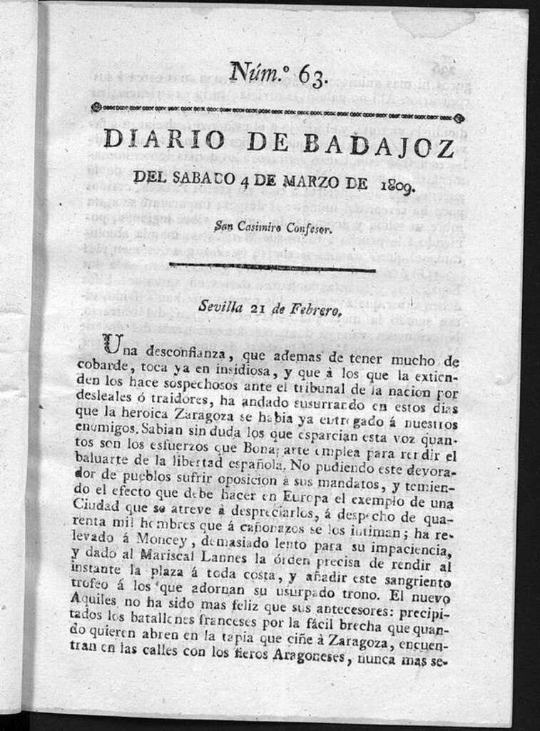Miniatura de Diario de Badajoz del sábado 4 de Marzo de 1809