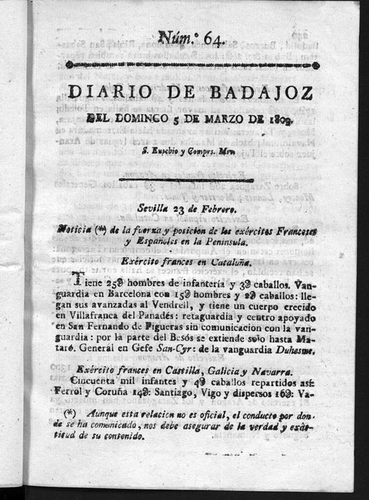 Miniatura de Diario de Badajoz del domingo 5 de Marzo de 1809