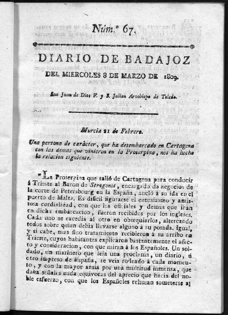 Miniatura de Diario de Badajoz del miércoles 8 de Marzo de 1809