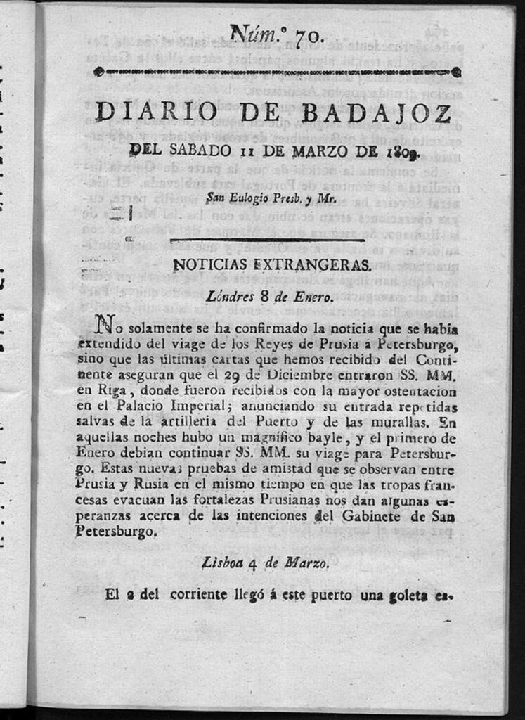 Miniatura de Diario de Badajoz del sábado 11 de Marzo de 1809