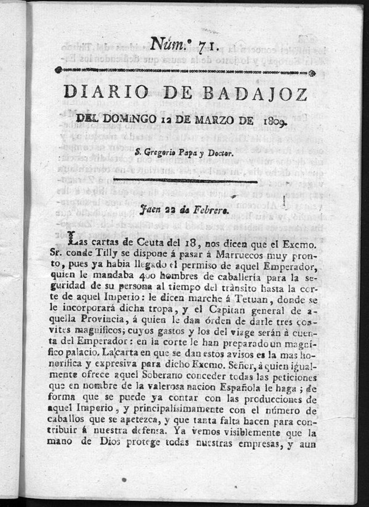 Miniatura de Diario de Badajoz del domingo 12 de Marzo de 1809