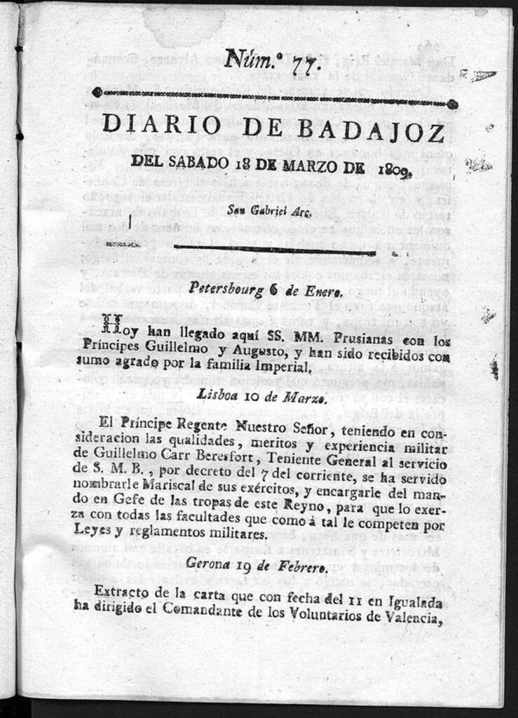 Miniatura de Diario de Badajoz del sábado 18 de Marzo de 1809