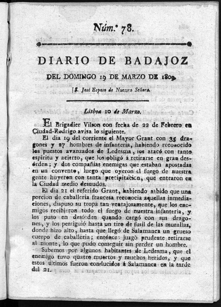 Miniatura de Diario de Badajoz del domingo 19 de Marzo de 1809
