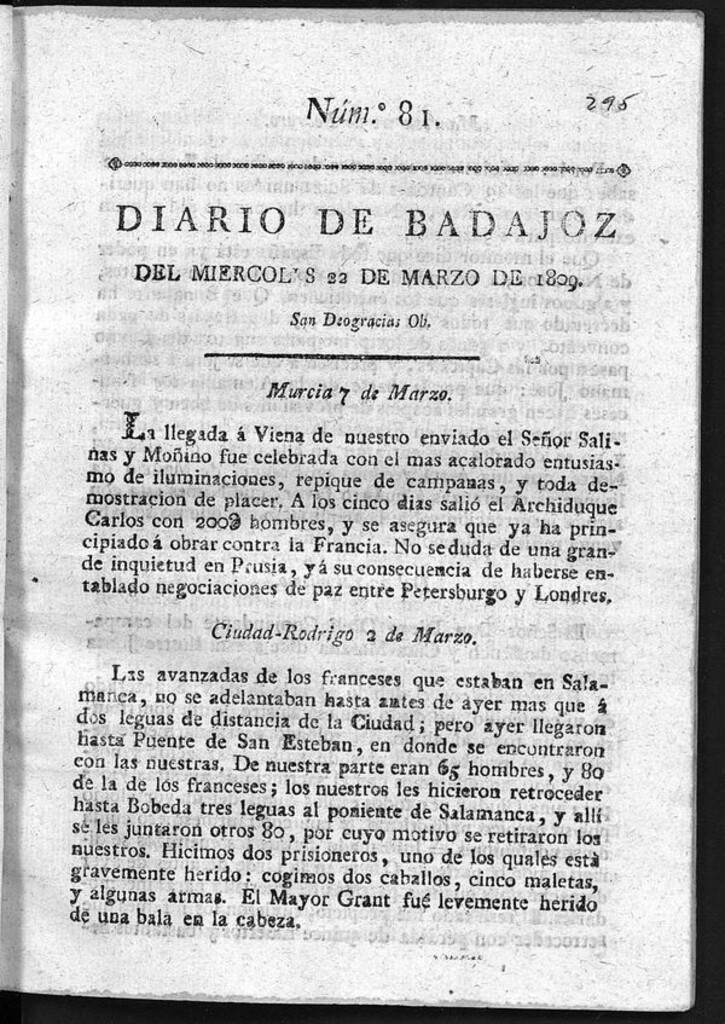Miniatura de Diario de Badajoz del miércoles 22 de Marzo de 1809
