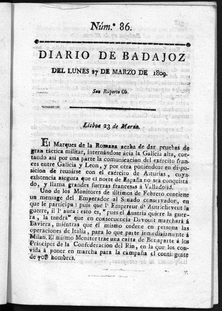 Miniatura de Diario de Badajoz del lunes 27 de Marzo de 1809
