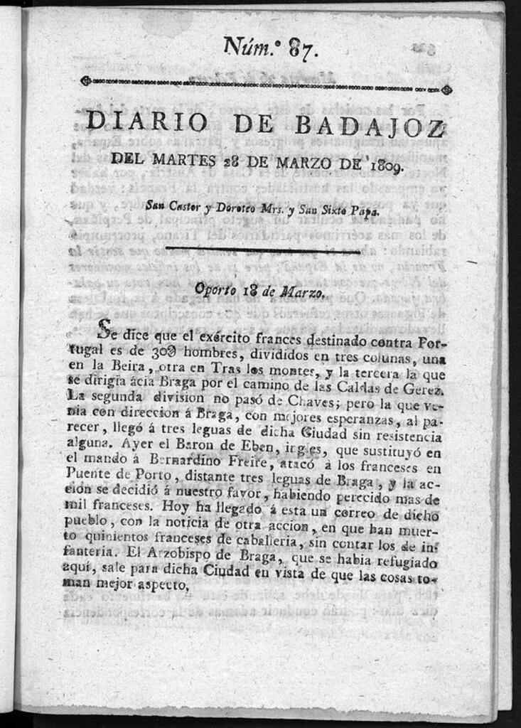 Miniatura de Diario de Badajoz del martes 28 de Marzo de 1809