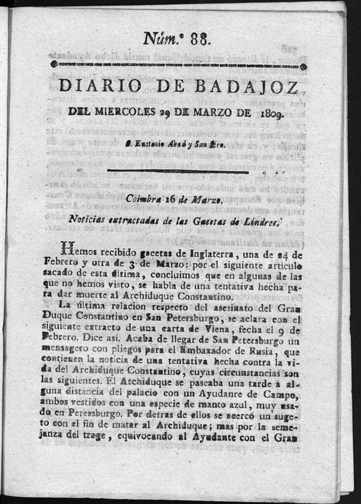 Miniatura de Diario de Badajoz del miércoles 29 de Marzo de 1809