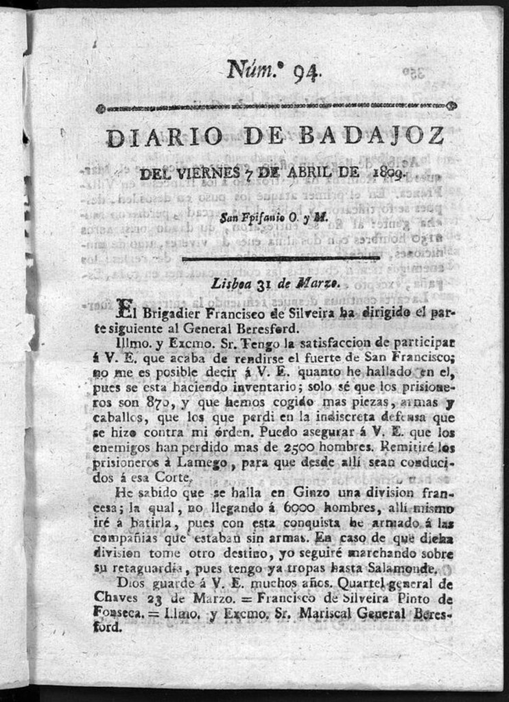 Miniatura de Diario de Badajoz del viernes 7 de Abril de 1809