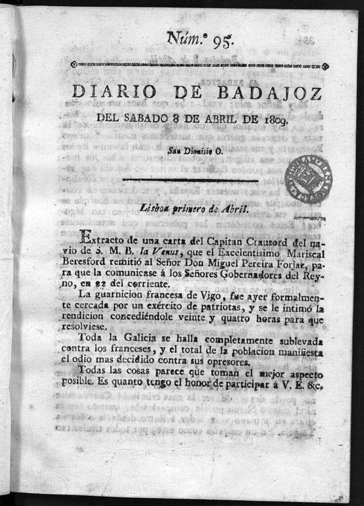 Miniatura de Diario de Badajoz del sábado 8 de Abril de 1809