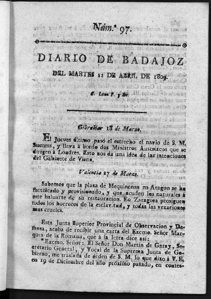 Miniatura de Diario de Badajoz del martes 11 de Abril de 1809