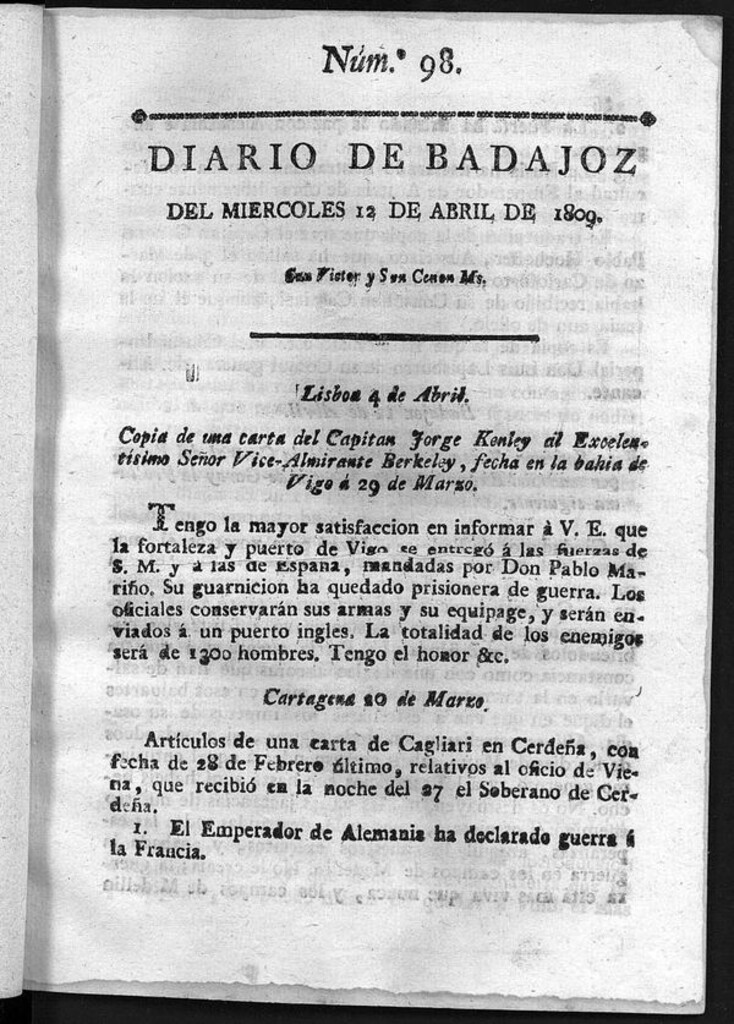 Miniatura de Diario de Badajoz del miércoles 12 de Abril de 1809
