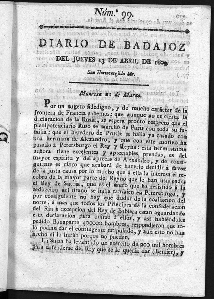 Miniatura de Diario de Badajoz del jueves 13 de Abril de 1809