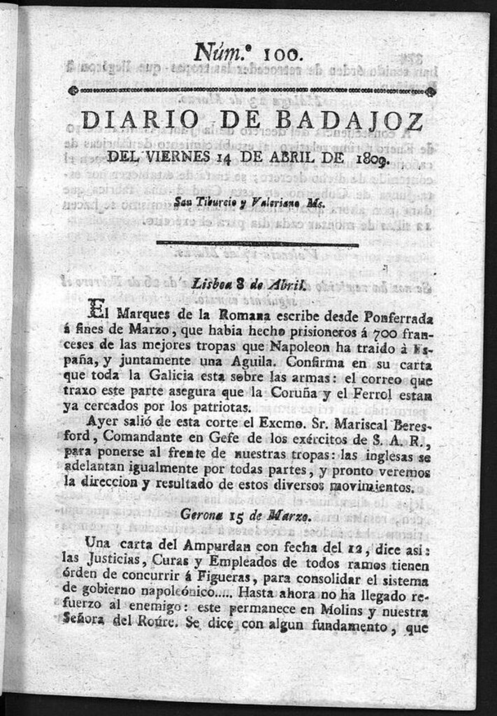 Miniatura de Diario de Badajoz del viernes 14 de Abril de 1809