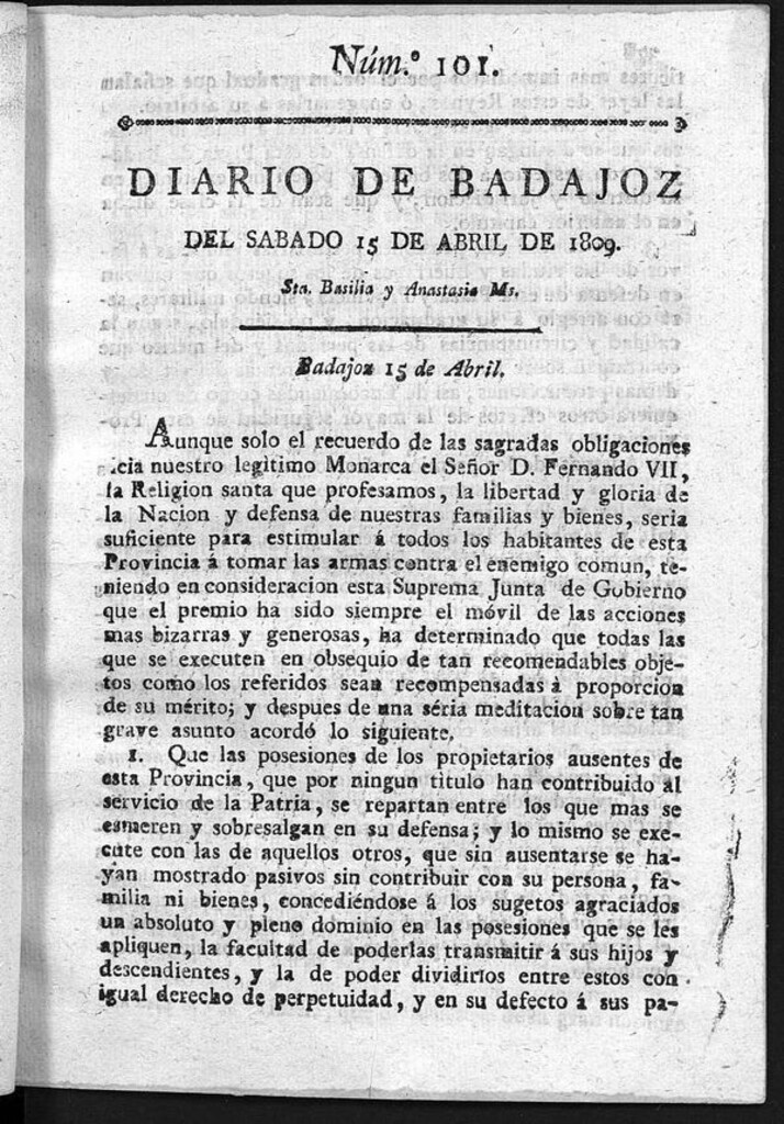 Miniatura de Diario de Badajoz del sábado 15 de Abril de 1809