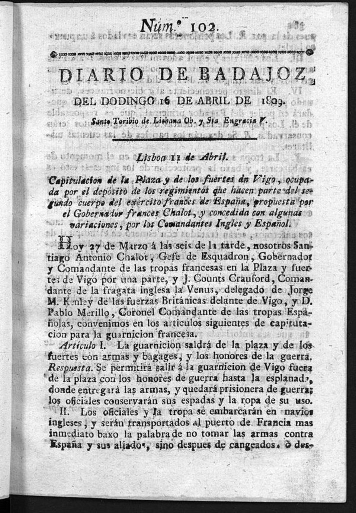 Miniatura de Diario de Badajoz del domingo 16 de Abril de 1809