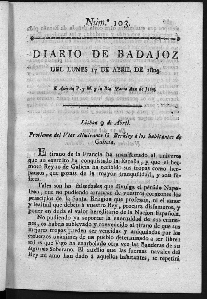 Miniatura de Diario de Badajoz del lunes 17 de Abril de 1809
