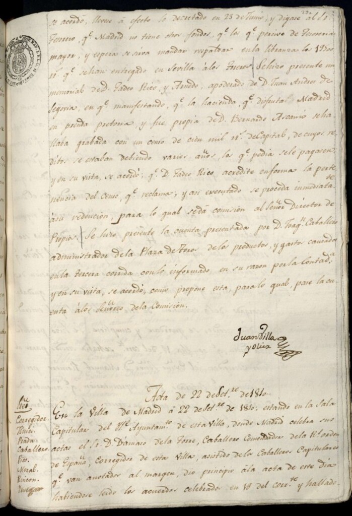 Miniatura de Libro de Acuerdos del Ayuntamiento de Madrid del 22 de septiembre de 1810