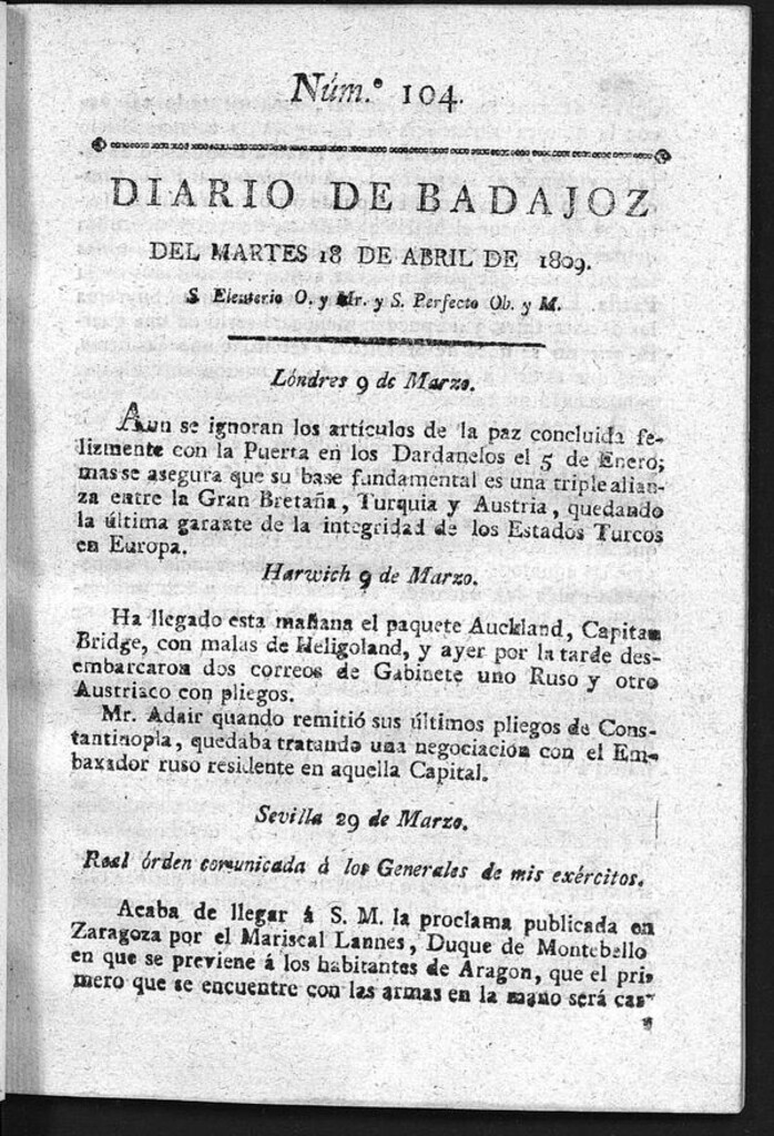Miniatura de Diario de Badajoz del martes 18 de Abril de 1809