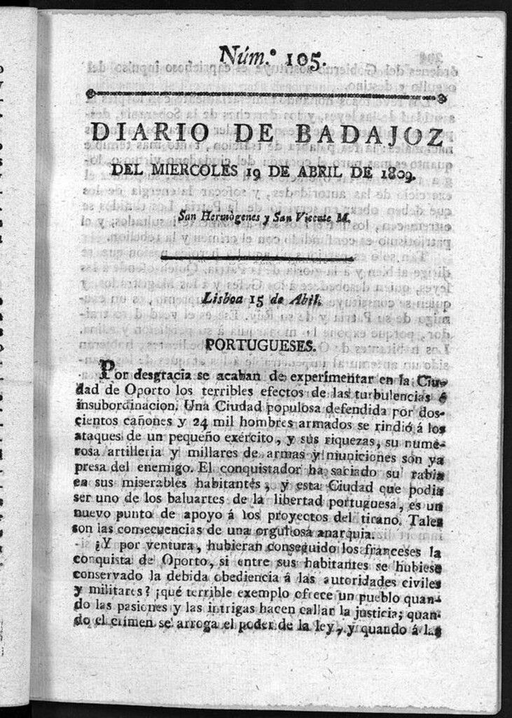 Miniatura de Diario de Badajoz del miércoles 19 de Abril de 1809