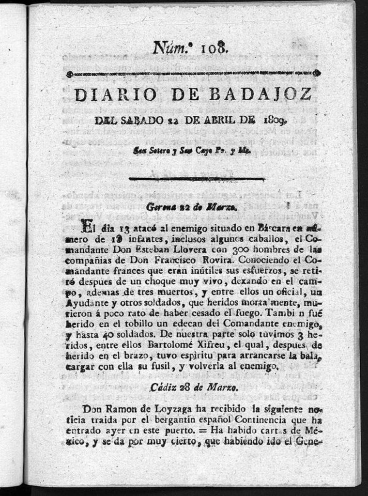Miniatura de Diario de Badajoz del sábado 22 de Abril de 1809