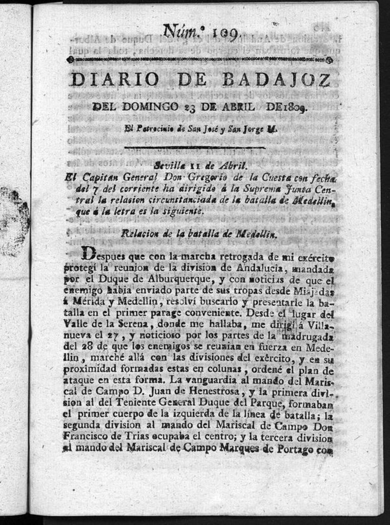 Miniatura de Diario de Badajoz del domingo 23 de Abril de 1809