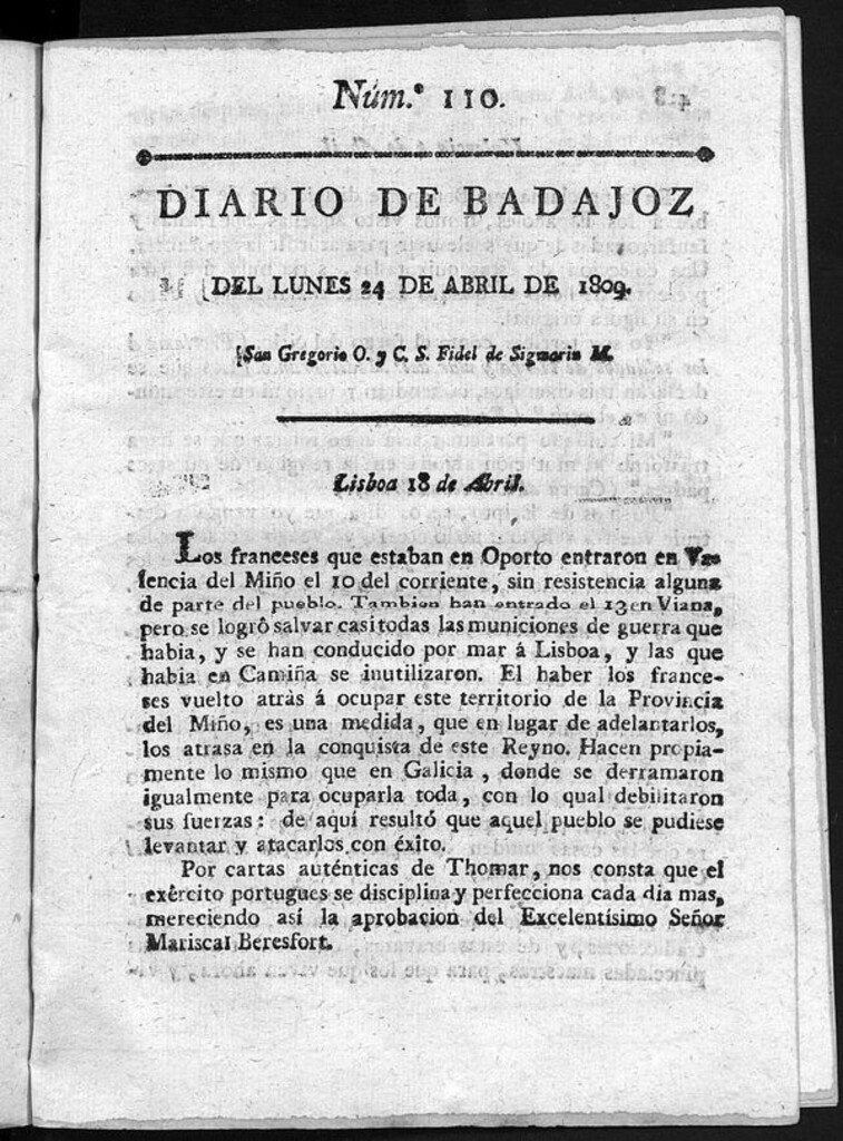 Miniatura de Diario de Badajoz del lunes 24 de Abril de 1809