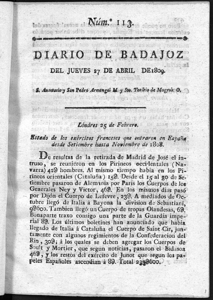 Miniatura de Diario de Badajoz del jueves 27 de Abril de 1809