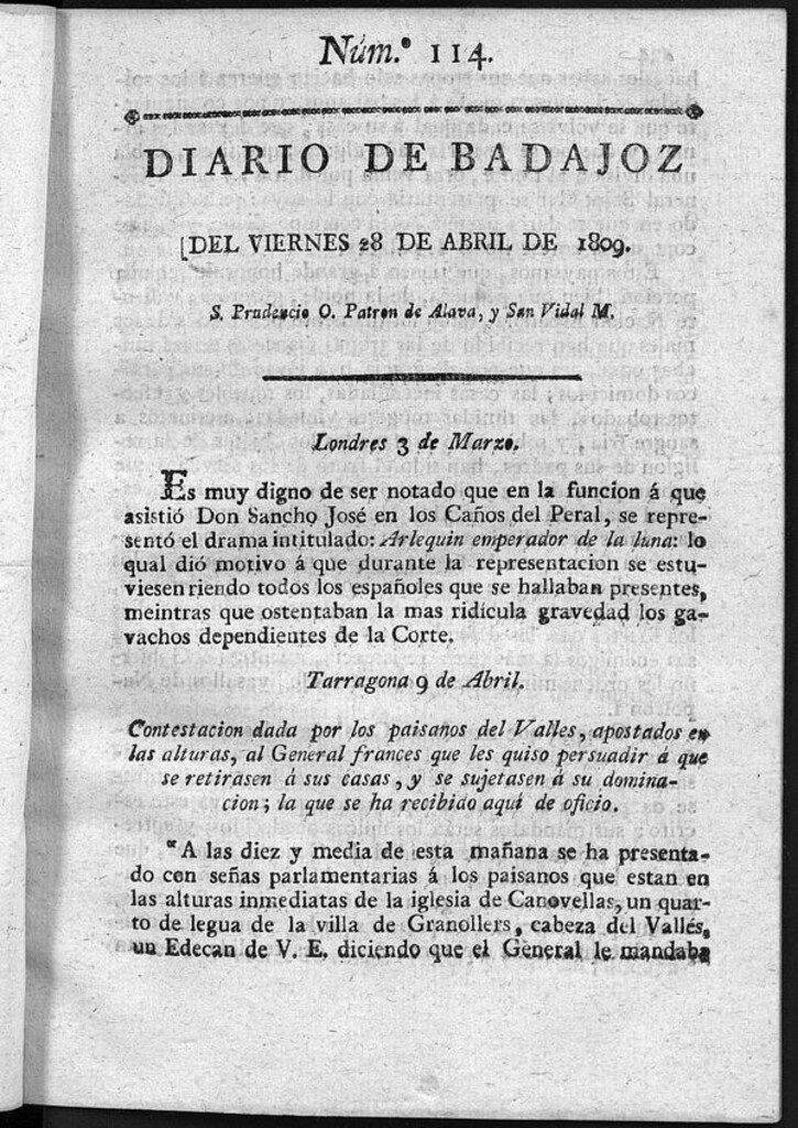 Miniatura de Diario de Badajoz del viernes 28 de Abril de 1809