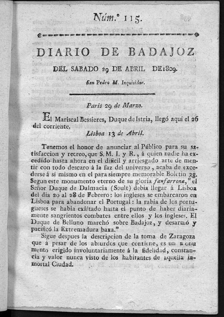 Miniatura de Diario de Badajoz del sábado 29 de Abril de 1809