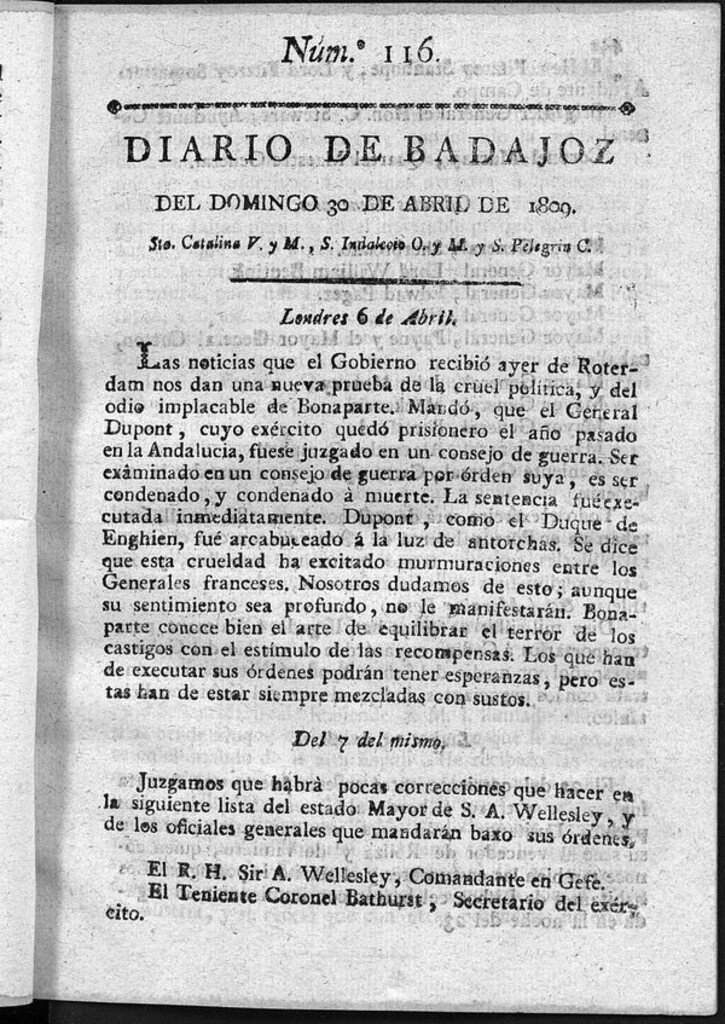 Miniatura de Diario de Badajoz del domingo 30 de Abril de 1809