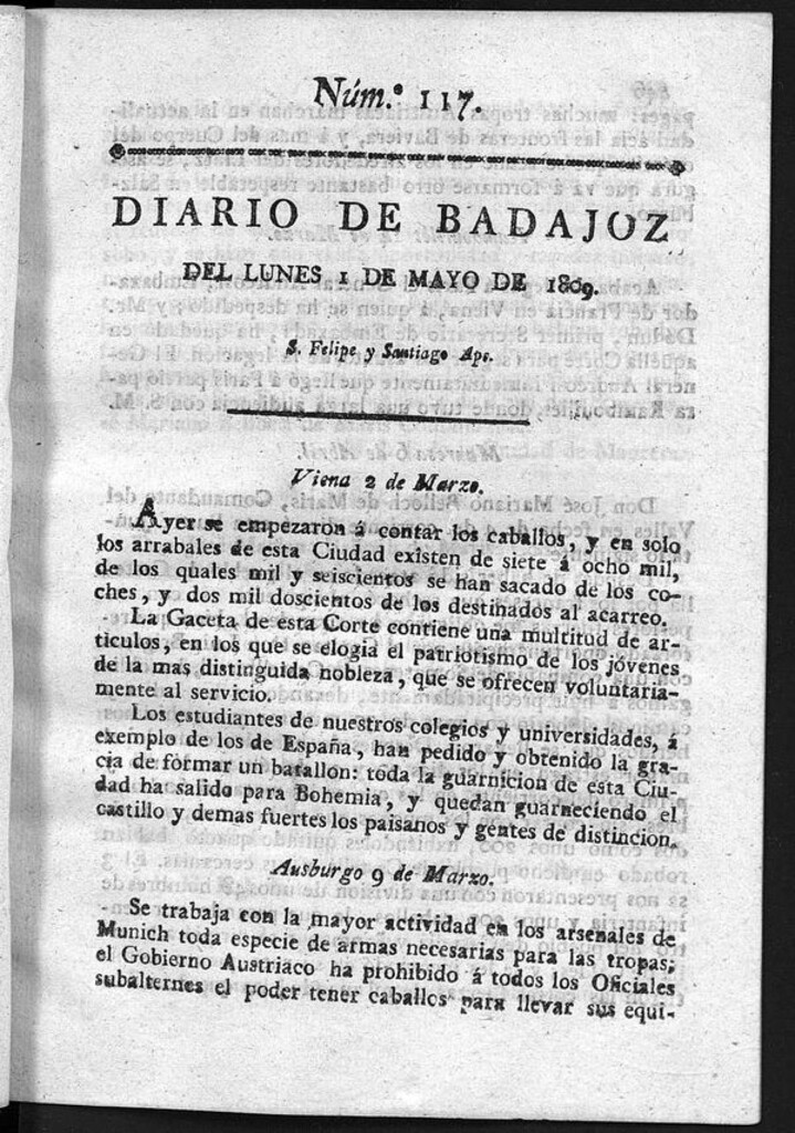 Miniatura de Diario de Badajoz del lunes 1 de Mayo de 1809