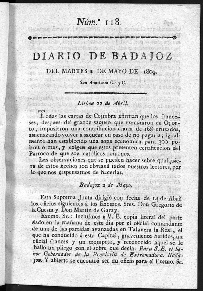 Miniatura de Diario de Badajoz del martes 2 de Mayo de 1809