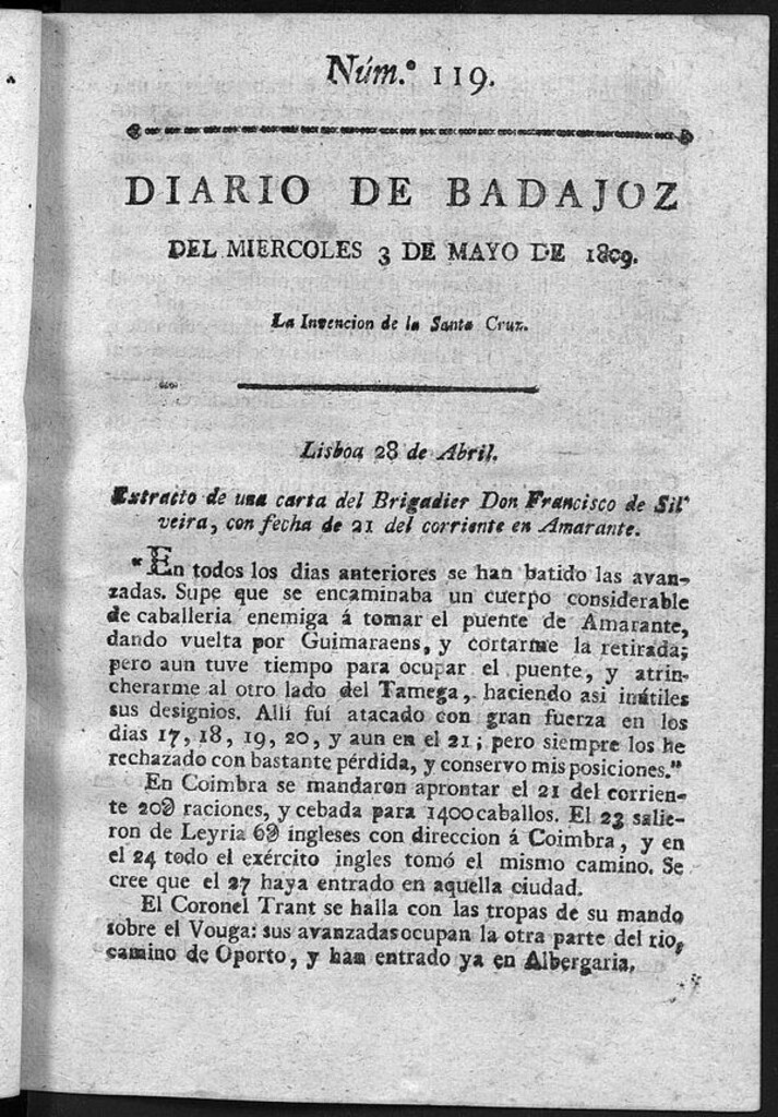 Miniatura de Diario de Badajoz del miércoles 3 de Mayo de 1809