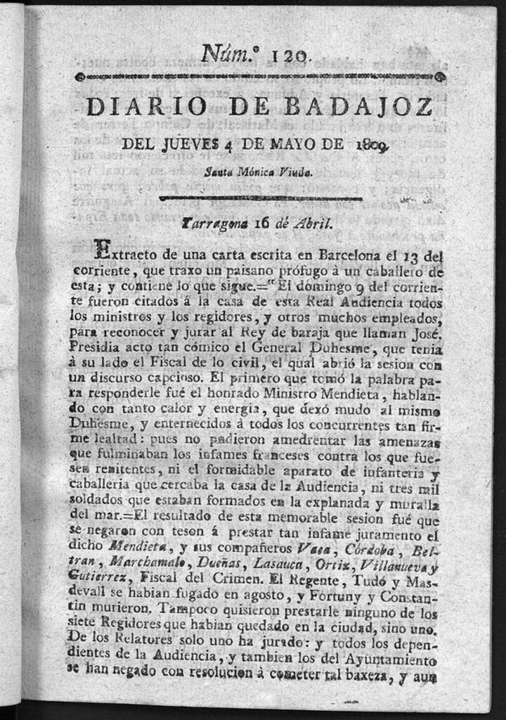 Miniatura de Diario de Badajoz del jueves 4 de Mayo de 1809