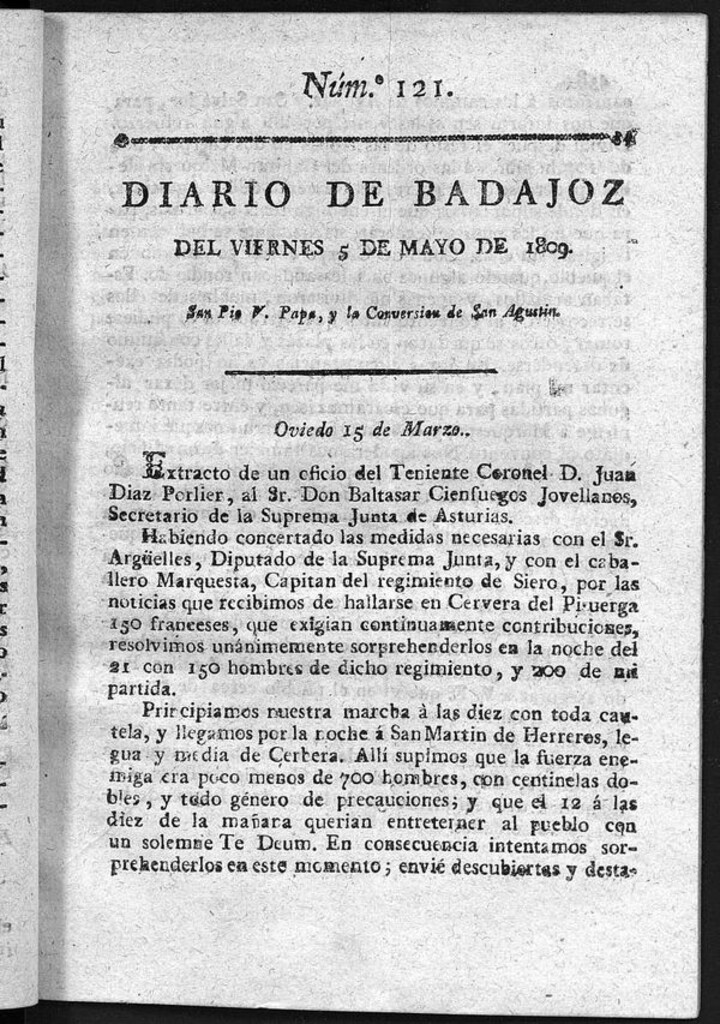Miniatura de Diario de Badajoz del viernes 5 de Mayo de 1809