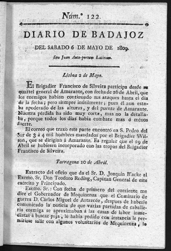 Miniatura de Diario de Badajoz del sábado 6 de Mayo de 1809