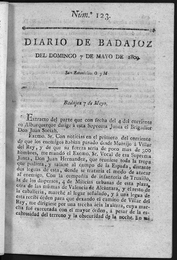 Miniatura de Diario de Badajoz del domingo 7 de Mayo de 1809