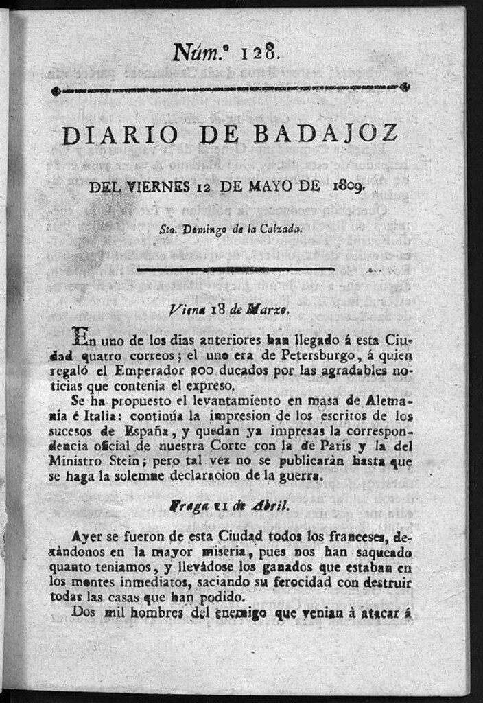 Miniatura de Diario de Badajoz del viernes 12 de Mayo de 1809